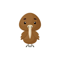 Cute little kiwi bird on white background. Cartoon animal character for kids cards, baby shower, birthday invitation, house interior. Bright colored childish vector illustration in cartoon style.