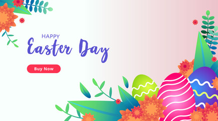 Happy Easter Day. Banner for web page, sale collection, greeting card. Vector illustration with eggs, plants, flowers and leaves