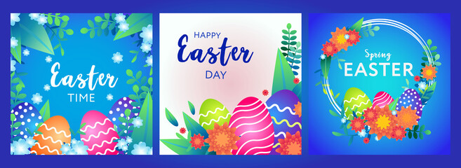 Happy Easter Day. Collection of banners or greeting cards. Vector illustration with eggs, plants and flowers