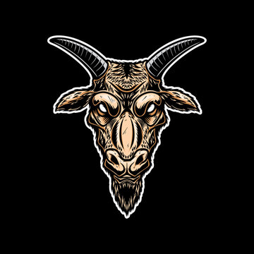 Illustration of goat head. Design element for poster card, logo, emblem, sign. Vector illustration
