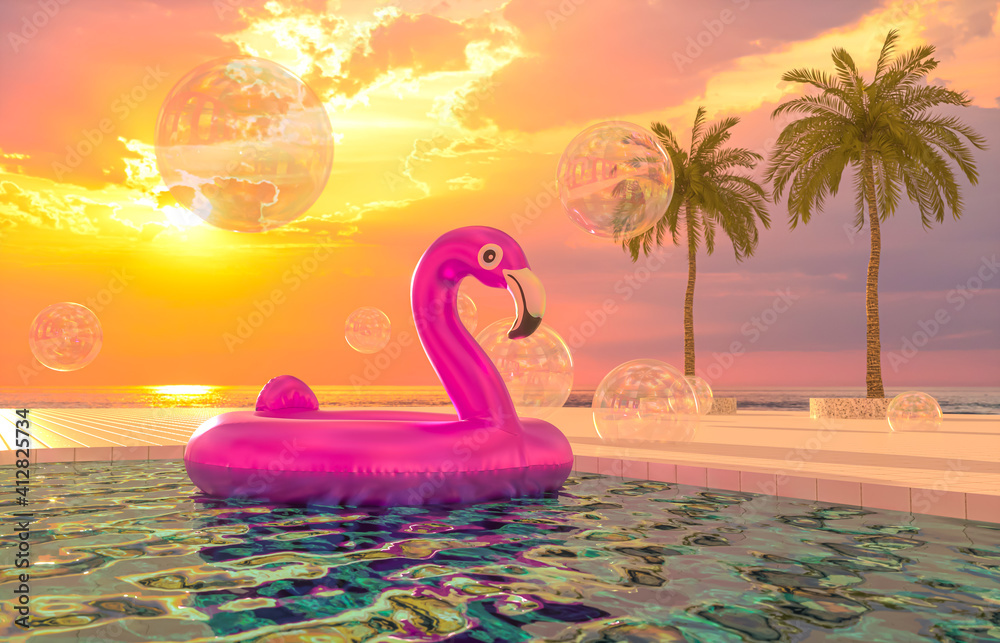 Fototapete abstract summer beach scene with pink flamingo in swimming pool background. 3d render.