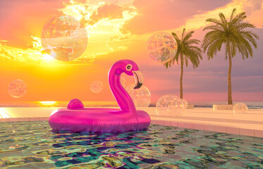 Abstract summer beach scene with pink flamingo in swimming pool background. 3d render. © mim.girl