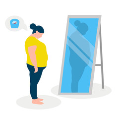 Flat vector illustration of a fat girl with low self-esteem standing in front of a mirror. The girl looks into her distorted reflection.
