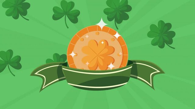 happy saint patricks day animation with golden coin and clovers leafs