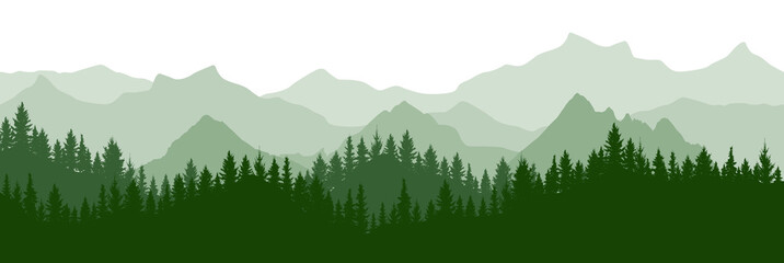 Green forest on background of mountains, silhouette. Beautiful landscape.  Evergreen coniferous trees. Vector illustration.