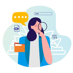 woman hold lupe searching information on internet with cartoon flat style