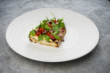 sandwich with cherry tomatoes, meat, cheese and fresh herbs on a white plate
