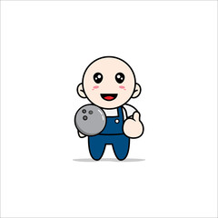 Cute mechanic character holding a bowling ball.
