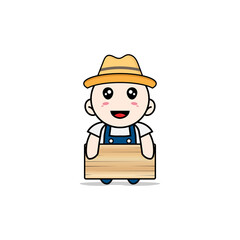 Cute mechanic character holding a wooden board.