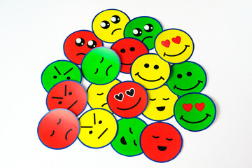 All emotions with emoticons mixed on a white background, we have the emotion of being happy, sad, calm, scared, angry. All the emotions on the table, grab one. How do you feel today? Psychology