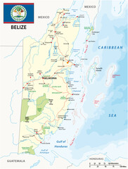 Road and national park map of the central american state belize