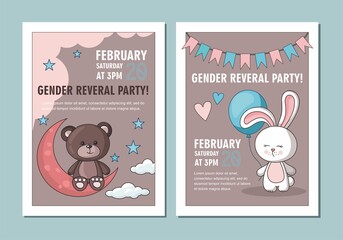 Gender party card. Rabbit with blue balloon. Teddy bear with moon and clouds