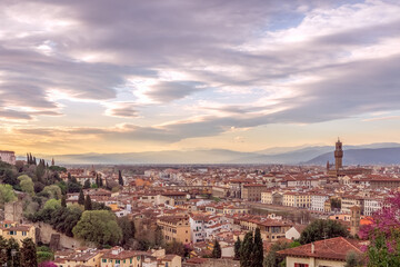 Panoramic view of the historic center of Florence during sunset. Tuscany, Italy