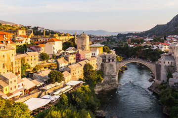 Fototapeta na wymiar View of the historic Old Bridge in Mostar at sunset. Bosnia and Herzegovina