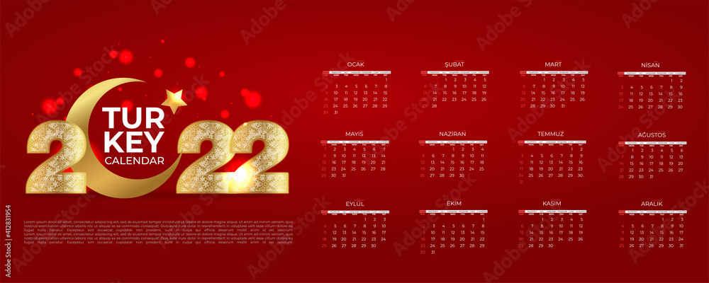 Fototapete golden number 2022 year calendar page turkish and english language. week start sunday. business day 