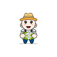 Cute mechanic character holding map.
