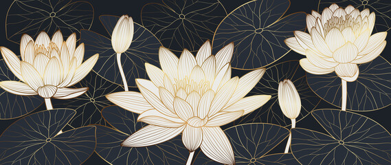 Luxus-Lotus-Hintergrundvektor. Golden Lotus Line Arts Design für Wandkunst, Stoff, Drucke und Hintergrundtextur, Vektorillustration. © TWINS DESIGN STUDIO