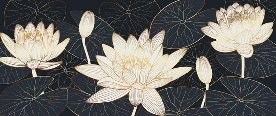 Luxus-Lotus-Hintergrundvektor. Golden Lotus Line Arts Design für Wandkunst, Stoff, Drucke und Hintergrundtextur, Vektorillustration. © TWINS DESIGN STUDIO