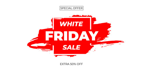 White Friday sale template with red ink brush stroke on white background. Design template poster, banner, shopping flyer frame. Promotion Vector illustration