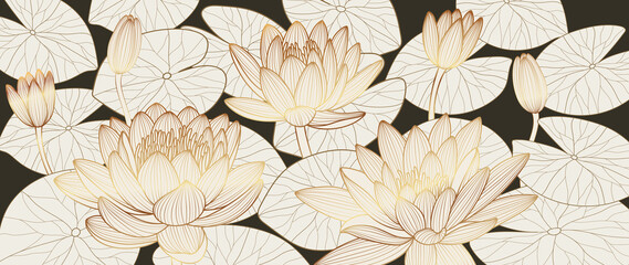 Fototapeta premium Luxury lotus background vector. Golden lotus line arts design for wall arts, fabric, prints and background texture, Vector illustration.