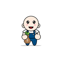 Cute mechanic character holding a bag of money.