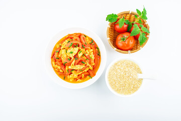 Chinese food set meal quinoa millet porridge with tomato scrambled eggs