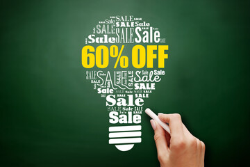 60% OFF sale bulb word cloud collage, business concept on blackboard