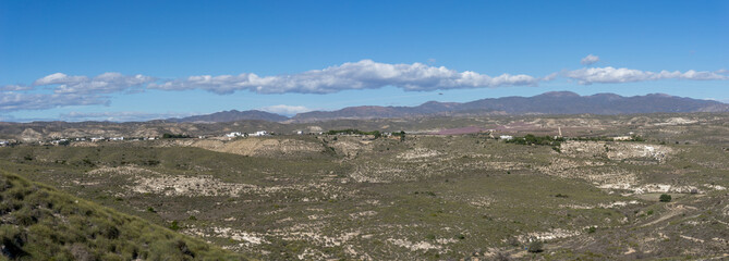 panorama landscape view of the desert grasslands in the Cabo de Gata region of Andalusia