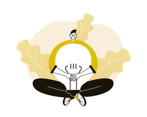 Man get new idea and solution. Light bulb metaphor. Vector illustration for telework, remote working and freelancing concept, business, start up.