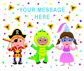 Fototapeta premium Cute cartoon illustration of children in costumes celebrating Jewish holiday of Purim