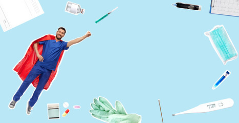healthcare, profession and medicine concept - happy smiling doctor or male nurse in uniform and red superhero cape flying over medical stuff on blue background © Syda Productions
