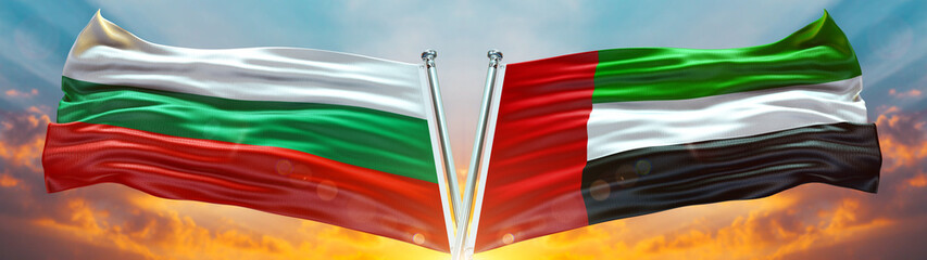 United Arab Emirates Flag and Bulgaria flag waving with texture sky Cloud and sunset Double flag