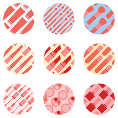 Make up icon set for social media or websites. Makeup circles with different products in pink, red, blue and yellow