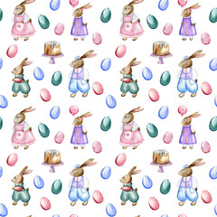 Watercolor hand painted seamless pattern with bunny family, traditional Easter cakes and colorful Easter eggs on white background. Cute and funny Easter digital paper.