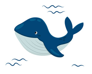 Cute cartoon whale isolated on white background. Vector illustration
