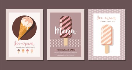 Ice cream set cards. Sweet food desserts. Set of flyer collection
