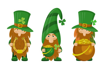 Set of three cute St Patrick's day leprechaun cartoon character with horseshoe and pot of gold. Irish gnome with shamrock on hat for good luck. Vector illustration for cards, decor, t-shirt design