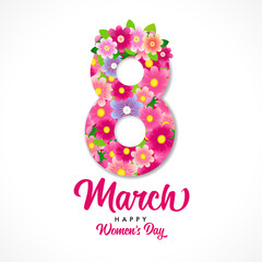 Happy women's day pink flowers banner. Greeting card on March 8 with flowers and elegant text - happy Womens day