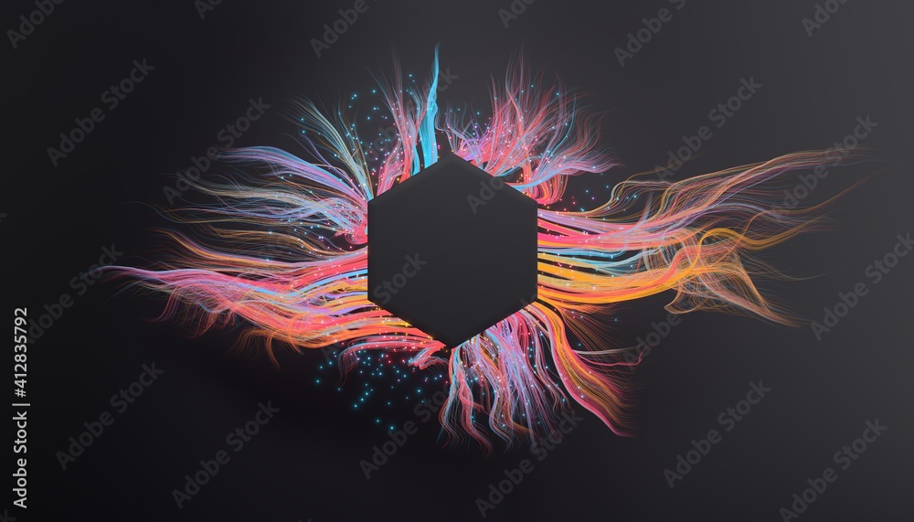 Poster abstract glowing pink and purple fibers on a dark background with hexagon for text placement. 3d ren