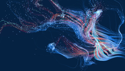 Abstract glowing pink and purple fibers on a dark blue background. 3D render / rendering.
