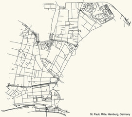 Black simple detailed street roads map on vintage beige background of the neighbourhood St. Pauli quarter of the Hamburg-Mitte borough (bezirk) of the Free and Hanseatic City of Hamburg, Germany
