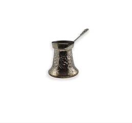 Archaic nickel-plated coffee pot on a white background