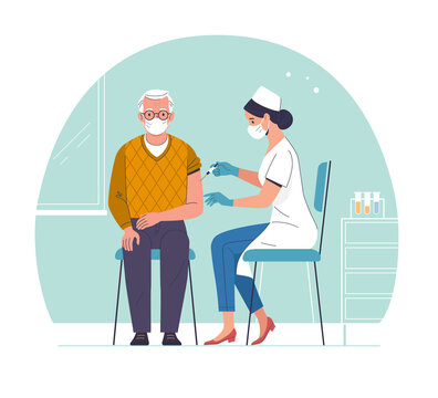 Vaccination of the elderly. Vector modern illustration of a senior man and a doctor with a syringe. Isolated on abstract background