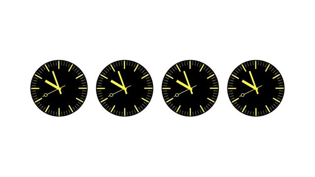 Animation with four black clocks on the white background