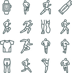Running icon illustration vector set. Contains such icons as energy bar, smart watch, run, runner, exercise, workout, and more. Expanded Stroke
