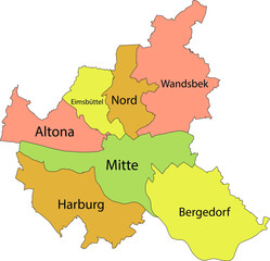Obraz premium Simple pastel vector map with black borders and names of boroughs (bezirke) of the Free and Hanseatic City of Hamburg, Germany