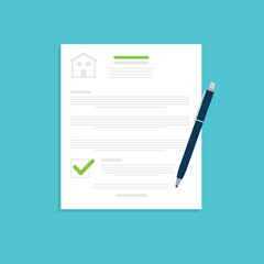 Home insurance document. Legal agreement. Contract or mortgage form with financial checklist. Approved loan. Success real estate deal. Vector