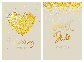 Wedding invitation set. Gold confetti heart. Vector illustration,  postcard with shiny elements.