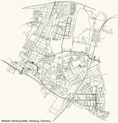 Black simple detailed street roads map on vintage beige background of the neighbourhood Billstedt quarter of the Hamburg-Mitte borough (bezirk) of the Free and Hanseatic City of Hamburg, Germany
