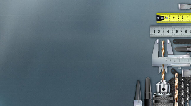 Locksmith decorative corner composition on theme of craft hand metal processing and work skill. 3d set tools of metalworking, locksmithing, isolated on background metal workbench. Copy-space